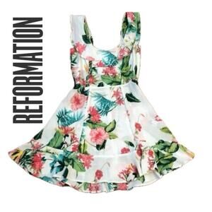 REFORMATION MINI DRESS PERLA RUFFLE SCOOP NECK TROPICAL FLORAL Sz 4 AESTHETIC